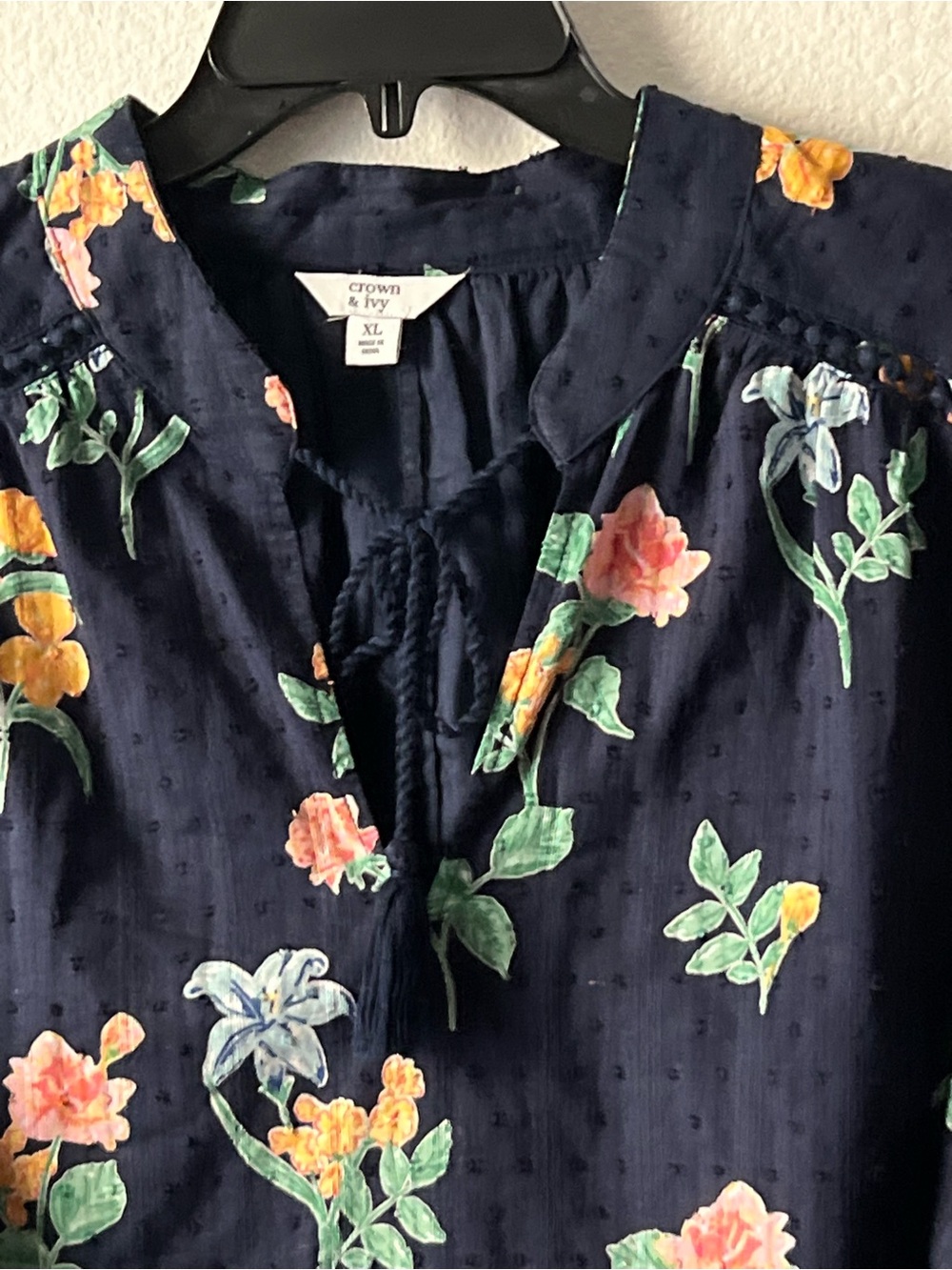 crown & ivy Navy Floral Tassel Tie-Neck Blouse, Size XL - Picture 3 of 11